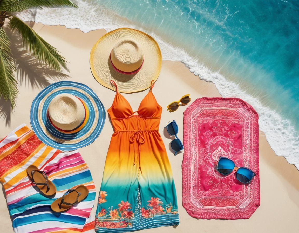 A sun-kissed beach scene featuring a stylish array of chic beachwear essentials like colorful swimsuits, trendy cover-ups, and stylish sandals laid out on a sandy beach. Include a sunhat, sunglasses, and a vibrant beach towel, with the ocean waves gently lapping in the background. The atmosphere should convey a sense of relaxation and adventure, evoking ultimate vacation vibes. bright colors. tropical theme. super-realistic.