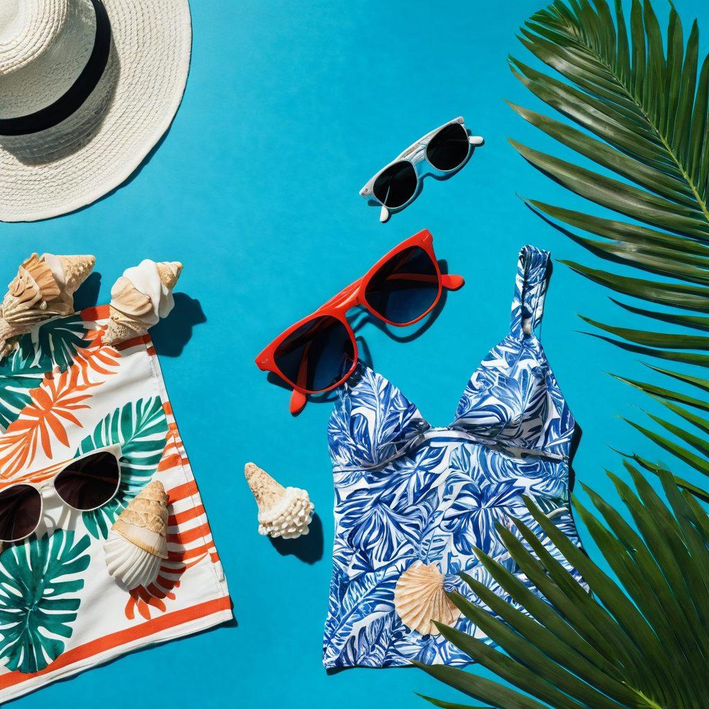 A stylish flat lay of summer fashion essentials, featuring vibrant swimwear, elegant cover-ups, and trendy sunglasses spread out on a beach towel. Include tropical elements like palm leaves and seashells for a playful touch, with a bright blue ocean in the background. Highlight a mix of textures and patterns to showcase variety, ensuring a summery and fashionable vibe. super-realistic. vibrant colors. beach setting.